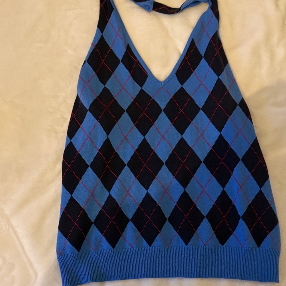 New York & Company Blue and Black Argyle V-Neck Sweater